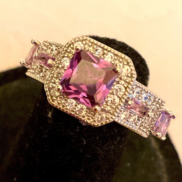 Created Pink Sapphire Princess Halo Ring Size 8 Silvertone Band - Picture 2 of 11